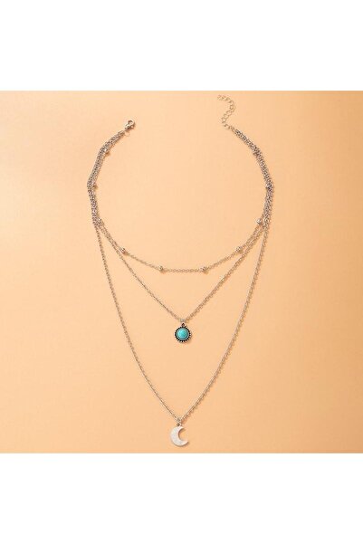Pursehuit Silver Colour necklace, in 3 layers, with crescent moon and turquoise stone, Dora C11