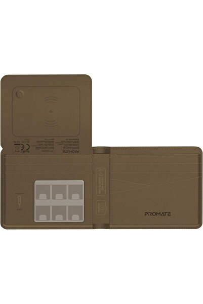 Promate Smart Leather Wallet with RFID Blocking, Apple Find My Tracker, Wireless Charging, Anti-Loss