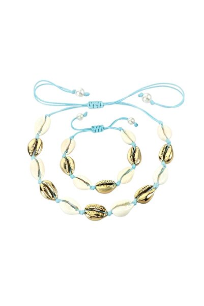 Pursehuit Set colier și brățară cu scoici și șnur albastru, reglabil, Saphira C1