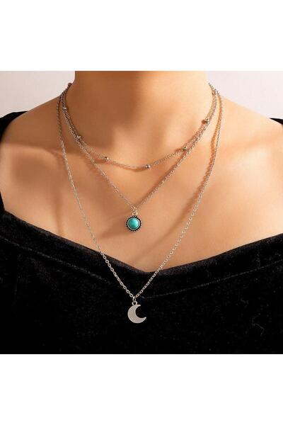 Pursehuit Silver Colour necklace, in 3 layers, with crescent moon and turquoise stone, Dora C11