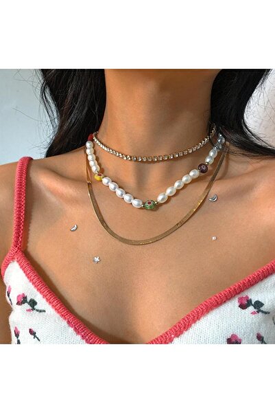 Pursehuit Σετ 3 χρυσά κολιέ, με μαργαριτάρια και πέτρες, Conor C2