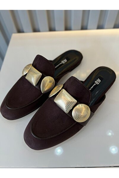 M&B Golden Detailed Suede Stylish Slippers in Sizes 36/43, Combining Comfort and Elegance.