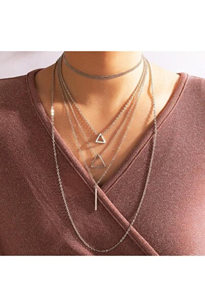 Pursehuit Κολιέ σε ασημένιο χρώμα, σε 4 στρώσεις, με ράβδο και τρίγωνα, Selvi...