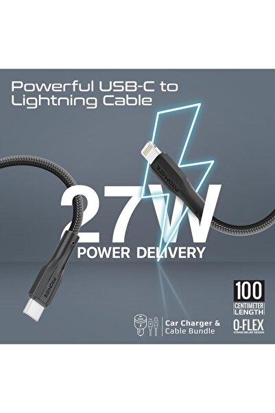 Promate 33W Dual Port Car Charger with 33W USB-C PD & 18W QC 3.0 USB-A, 1.2m USB-C to Lightning Cabl