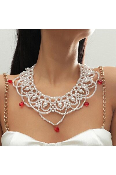 Pursehuit Colier cu perle albe și cristale roșii, Ireen C1