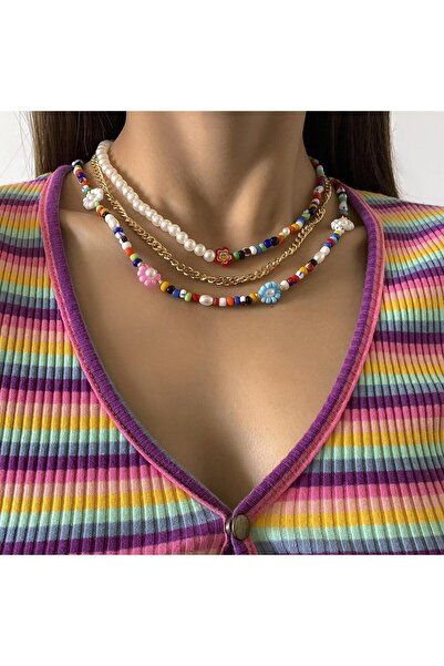Pursehuit Set de 3 coliere, aurii, cu perle și mărgele colorate, Kanne C5