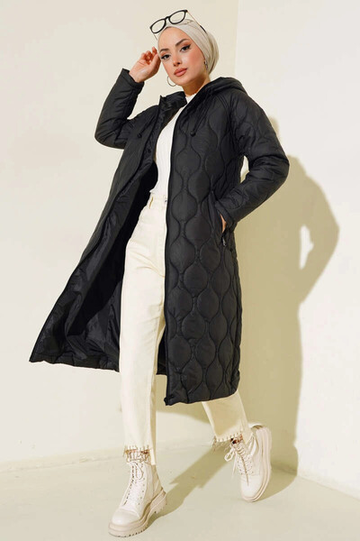 hazelin Γυναικείο μαύρο καπιτονέ μακρύ παλτό με κουκούλα HZL25W-BD151771