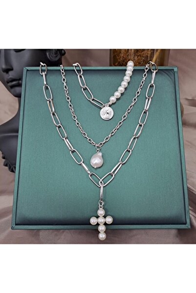 Pursehuit Colier cu 3 straturi, cu perle și cruce, culoare argintie, Linetth C17