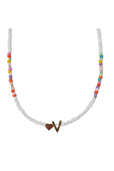 Pursehuit Colier auriu cu mărgele colorate, litera V C2