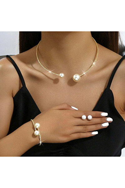 Pursehuit Set colier choker, brățară și cercei, auriu, cu perle și pietre, Da...