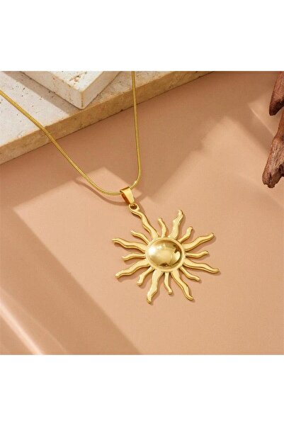 Pursehuit Colier auriu, realizat din oțel inoxidabil, cu pandantiv soare, suf...