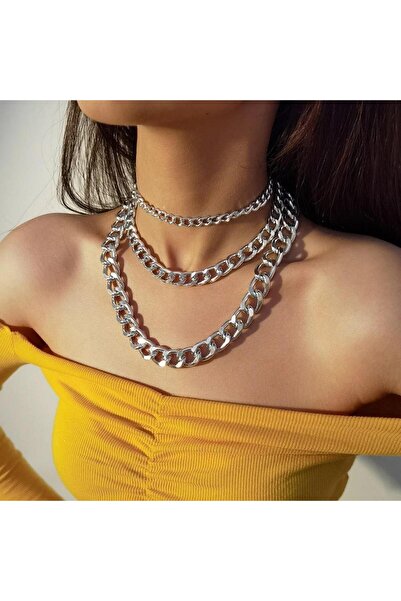 Pursehuit Σετ 3 κολιέ σε ασημί χρώμα, σε 3 στρώσεις, με κρίκους, Moa C1