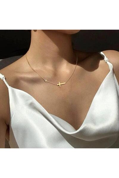 Pursehuit Colier auriu, realizat din oțel inoxidabil, cu cruce și piatră, suf...