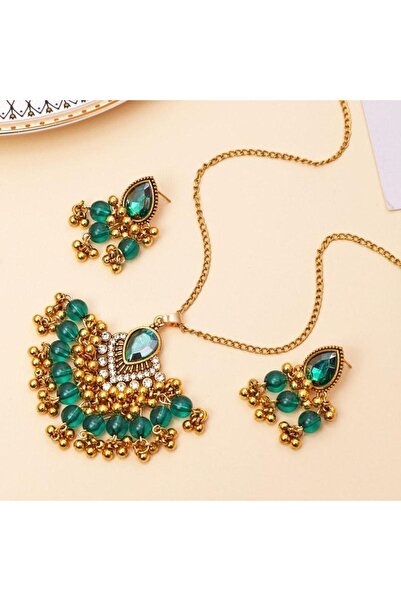 Pursehuit Σετ κολιέ και σκουλαρίκια, χρυσό, ινδικού στιλ, με πέτρες και πράσι...