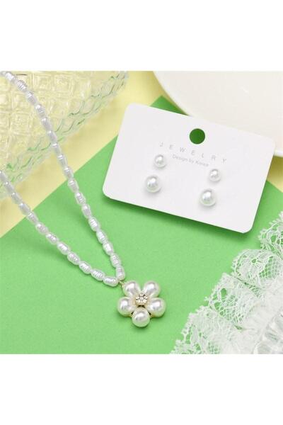 Pursehuit Set colier și 2 perechi de cercei, aurii, cu perle și pietre, Leyla C1