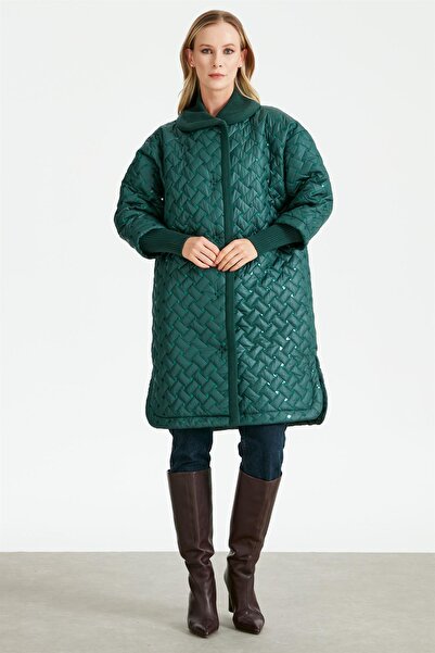 Tığ Triko Triko Garnili Pullu Kapitone Kaban YEŞİL