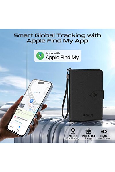 Promate Smart Leather Passport Holder with RFID Protection, Apple Find My Global Tracker, Wireless C