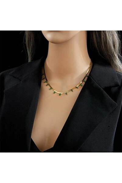 Pursehuit Colier auriu, realizat din oțel inoxidabil, cu pietre verzi, suflat...