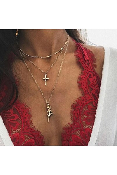 Pursehuit Κολιέ 3 στρώσεων, χρυσό, με τριαντάφυλλο και σταυρό, Palina C12