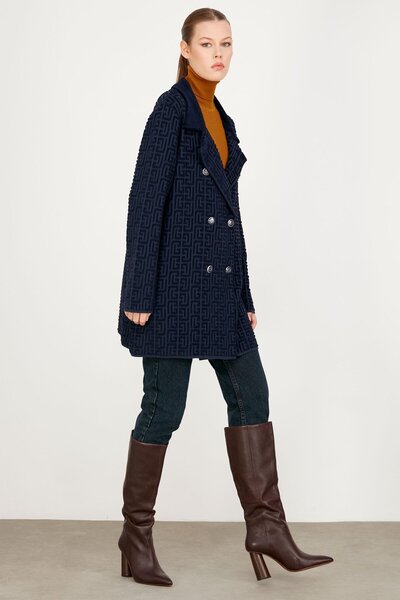 Tığ Triko Havlu Örgülü Kruvaze Rayon Triko Hırka LACİVERT