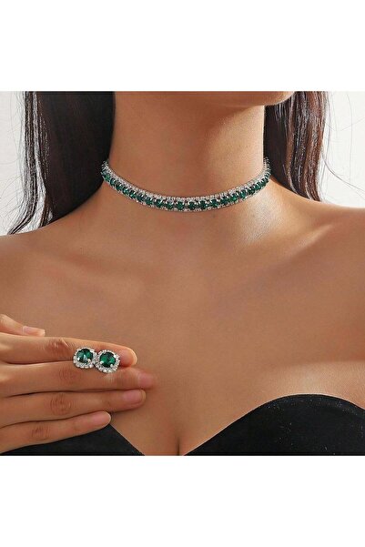 Pursehuit Set colier și cercei, culoare argintie, cu pietre de zirconiu verde...