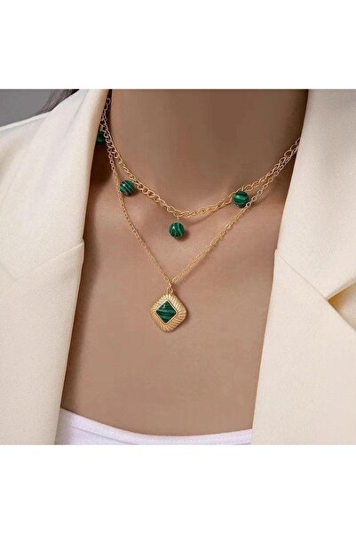 Pursehuit Colier culoare aurie, în 2 straturi, cu bile verzi, Malue C11