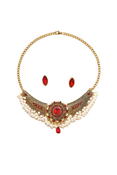 Pursehuit Σετ κολιέ και σκουλαρίκια, χρυσό, ινδικού στιλ, με κόκκινες πέτρες ...