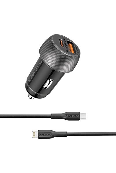 Promate 33W Dual Port Car Charger with 33W USB-C PD & 18W QC 3.0 USB-A, 1.2m USB-C to Lightning Cabl