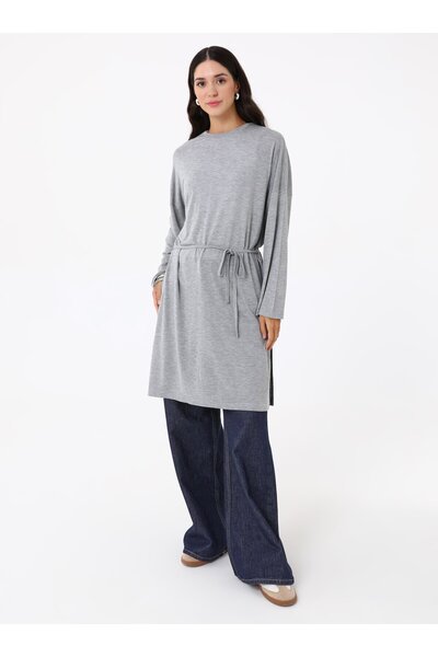 Benin Comfortable Fit Tie-Waist Long Tunic - Gray Melange -