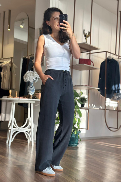 Unique Boutique Anthracite Soft Textured Fabric Arabel Trousers with Elastic Waist and Pockets