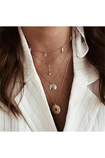 Pursehuit Colier cu 4 straturi, auriu, cu stele și o cruce, Doretta C11