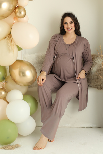 JENİKA Women's Maternity 3-Piece Pajama Set – Stylish Lace and Practical Button Detailing