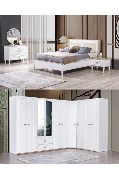 Velura Home & Living Legna Yatak Odası Takımı (10 Kapaklı Köşe Dolap + Şifonyer + Komodin + Karyola)