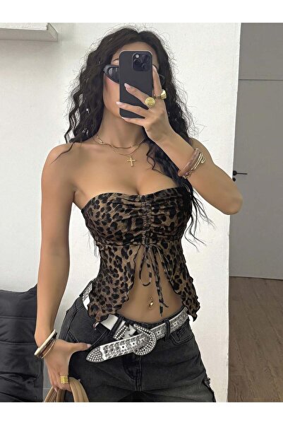 DOSESA Leopard Print Strapless Bustier – Ruched and Tie-Up Detail