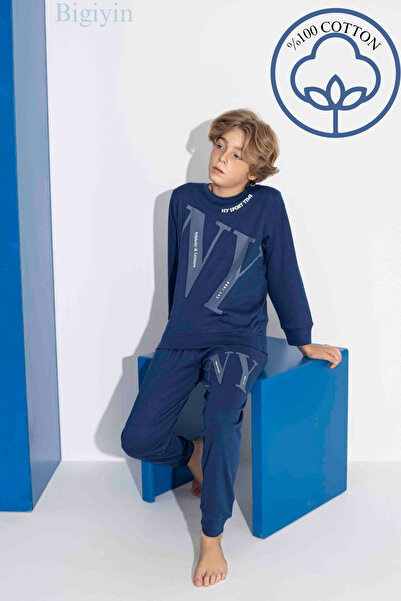 bigiyin Синій інтерлок чоловічий дитячий піжамний комплект Молодіжний піжамний комплект 100% бавовна Якісна піжама