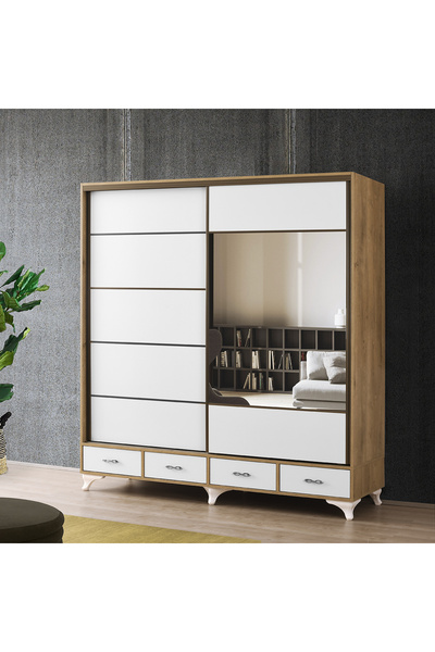 beenal Mars Sürgülü Kapaklı Şifonyerli Gardırop Çekmeceli Dolap 200cm
