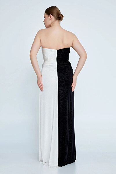 ŞEREF VURAL Women's Plus Size Strapless Deep Slit Maxi Evening Dress 8237 Black-White