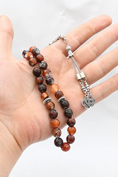 Prestige Natural Veined Agate Stone 33 Prayer Beads with Metal Tassel 10mm Sphere Cut 902252