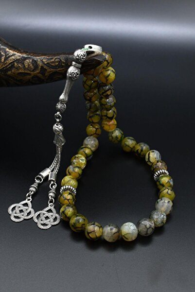 Prestige Natural Veined Agate Stone 33 Beads Prayer Beads with Metal Tassel 10mm Sphere Cut 902241