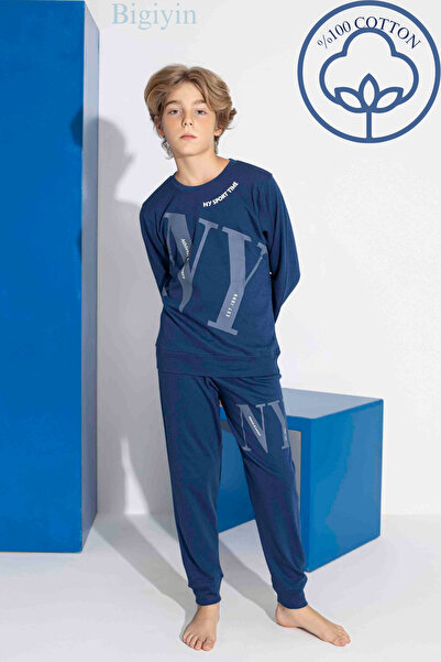bigiyin Синій інтерлок чоловічий дитячий піжамний комплект Молодіжний піжамний комплект 100% бавовна Якісна піжама