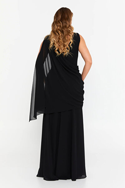 ŞEREF VURAL Women's Plus Size One Shoulder Embroidered Maxi Evening Dress 6707 Black