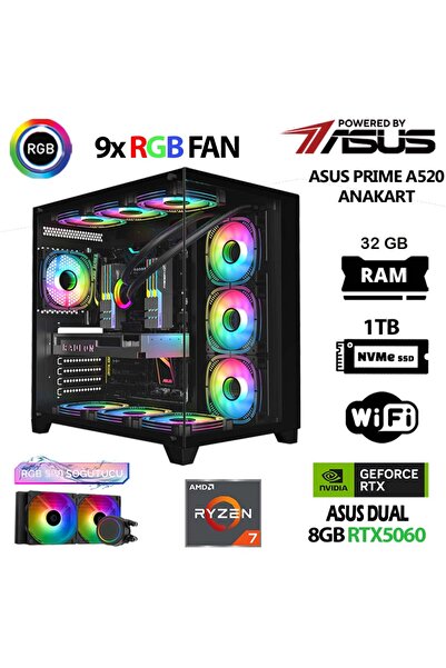 ASUS Prime x5 Ryzen 7 5700X 32GB Ram 1TB M.2 NVMe SSD 8GB RTX5060 Sıvı Soğutm...