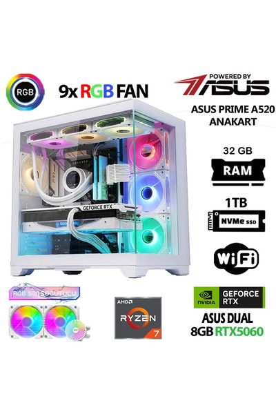 ASUS Prime x6 Ryzen 7 5700X 32GB Ram 1TB M.2 NVMe SSD 8GB RTX5060 Sıvı Soğutm...