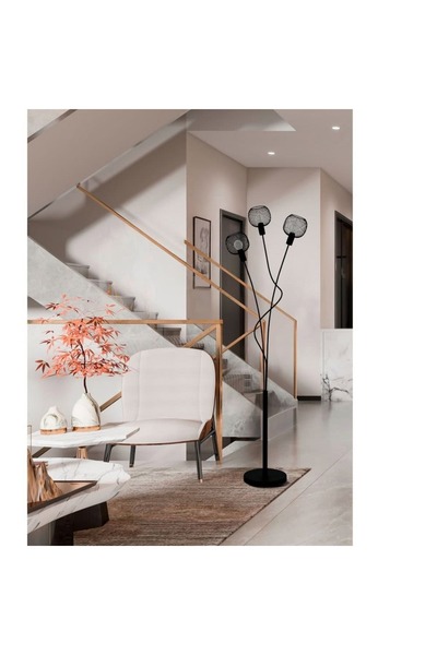 Eglo Floor lamp, round, slightly curved base, three round black mesh lampshades