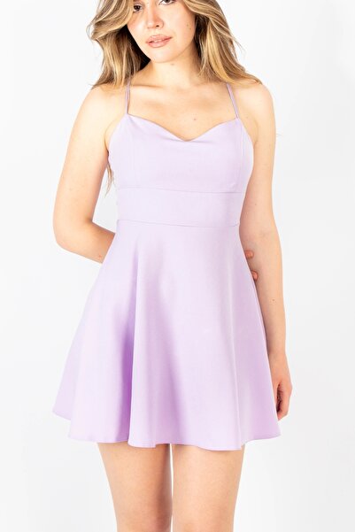 Bak Moda Mini rochie liliac cu fermoar și detaliu cu bretele încrucișate