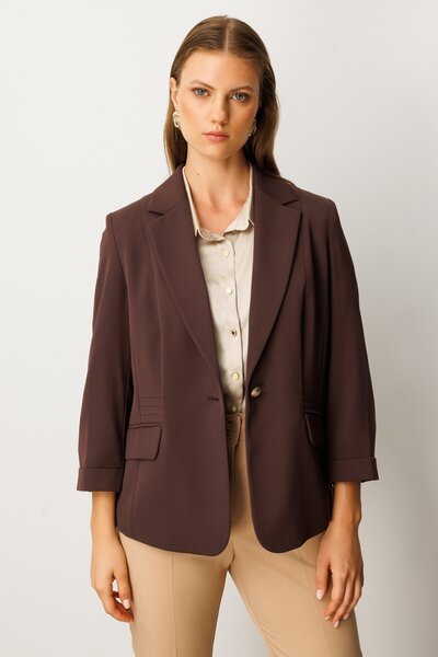 Ekol Women's Plus Size Single Button Jacket with Flap Pockets 5503 Brown