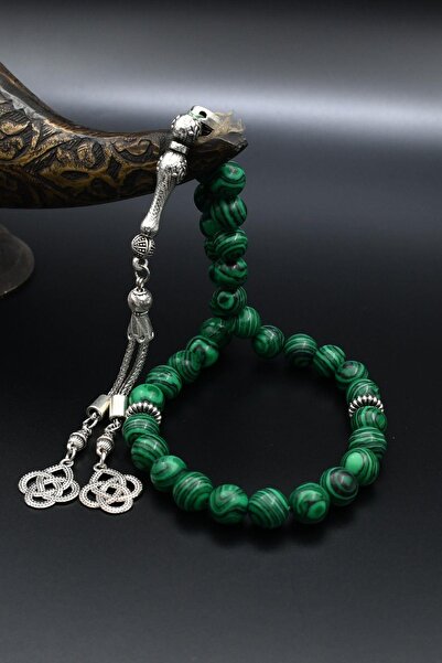 Prestige Natural Malachite Stone 33-Bead Rosary with Metal Tassel 10mm Sphere Cut 902257