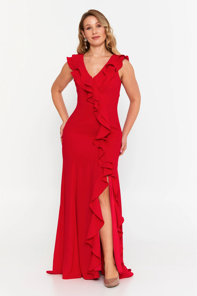 ŞEREF VURAL Women's Plus Size Ruffle Detailed Fish Form Evening Dress 8329 Red
