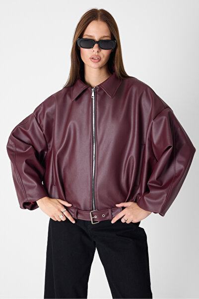 MANMARK Jachetă din piele pentru femei supradimensionat cu centură cu cataram...