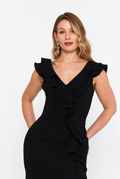 ŞEREF VURAL Women's Plus Size Ruffle Detailed Fish Form Evening Dress 8329 Black